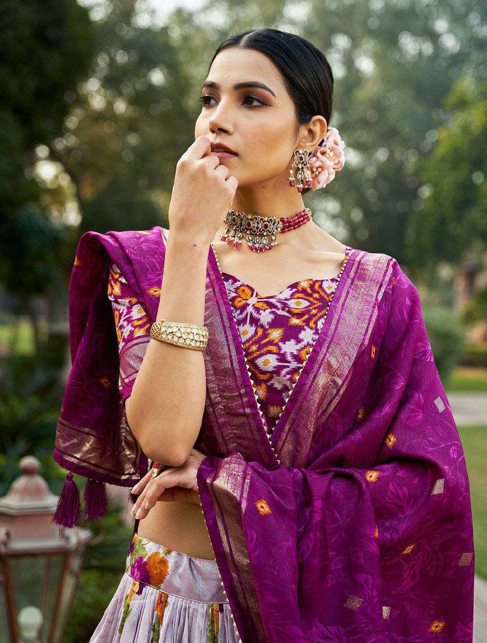 White Tussar Silk Lehenga Choli with Maroon Blouse | Patola Print & Foil Work | Wedding & Festive Wear - Image 2