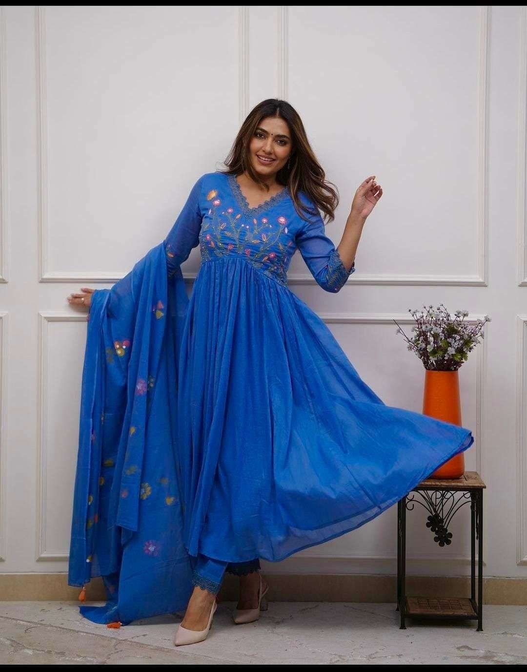 Women's Cotton Embroidered Long Anarkali Kurti With Pant and Dupatta Set